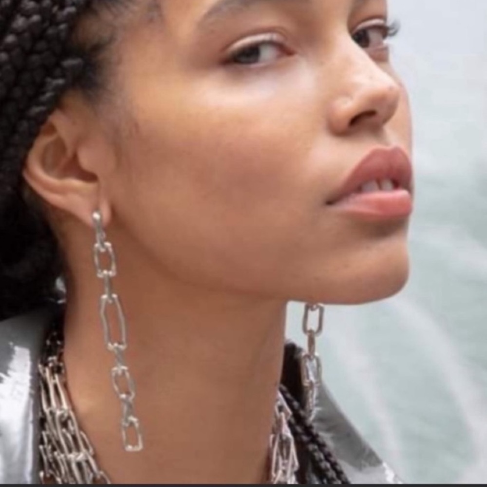 ALEXIS BITTAR • Silver Crumpled Chain Link Linear Post Drop Earrings